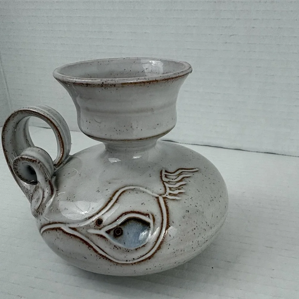 Vintage Handunnid Iceland Pottery Sigurdur Hauksson Fish Candle Holder Signed